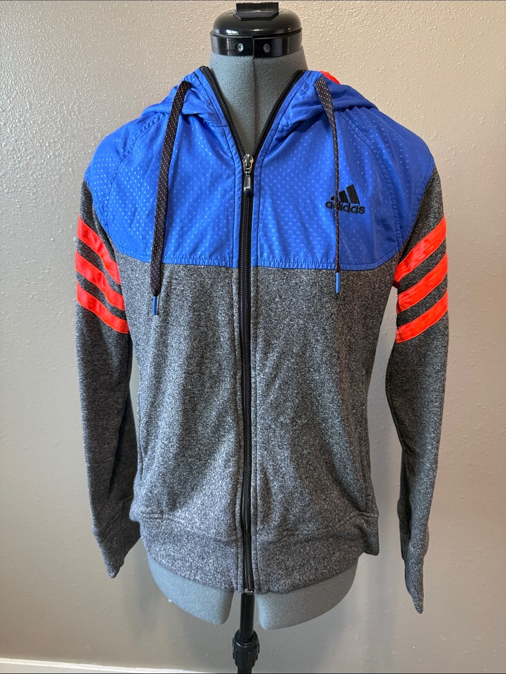 Adidas Women’s Gray Zip Hoodie with Blue Hood and Orange Sleeve Stripes
